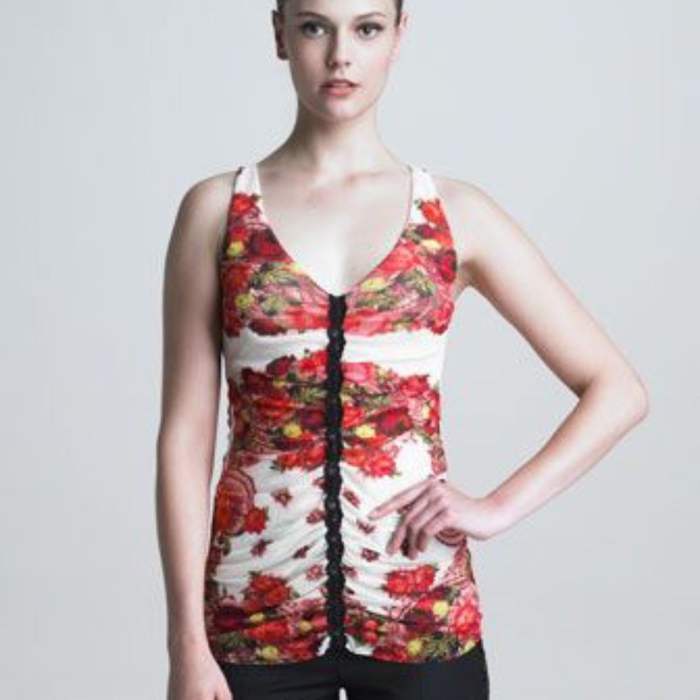 Ruched Rose-Print Tank